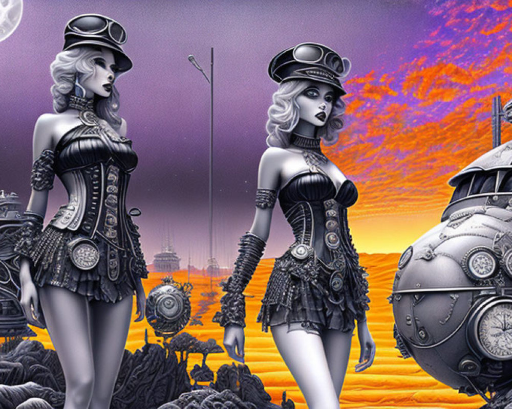Two Women in Steampunk Attire in Surreal Landscape with Futuristic Structures