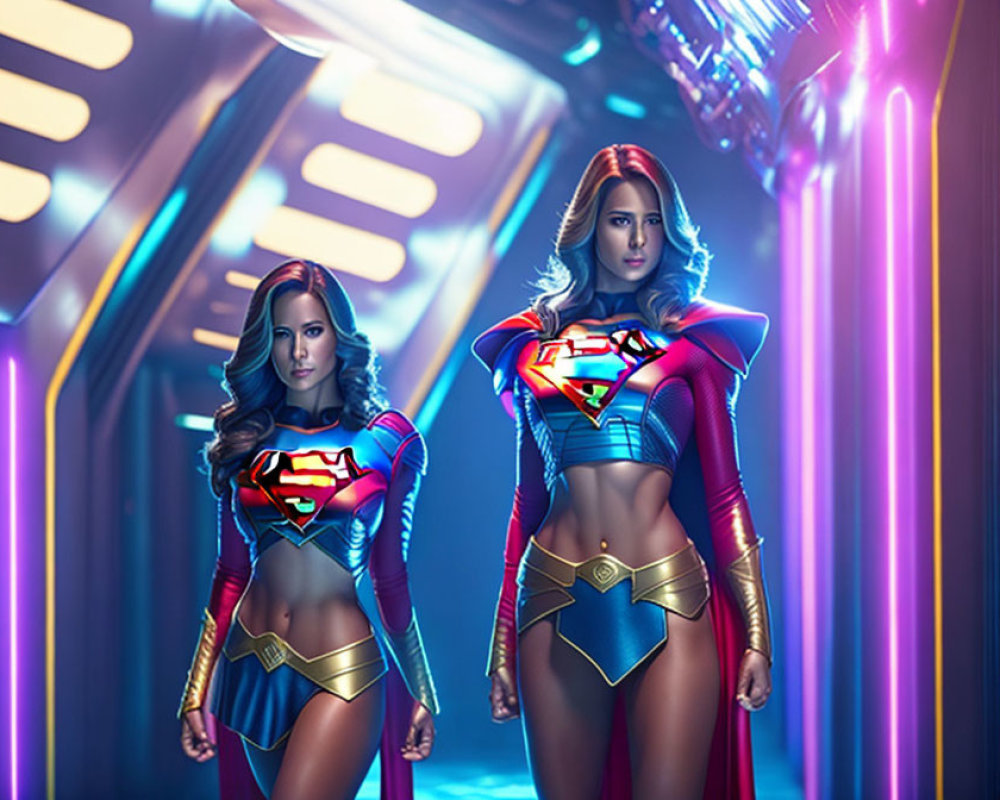 Two Women in Modern Superwoman Costumes in Neon-Lit Corridor
