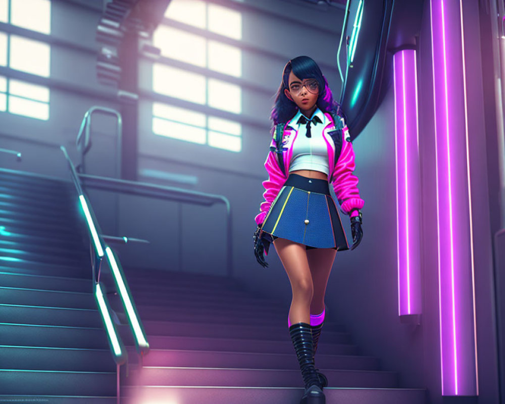 Stylish animated character with blue hair and glasses in pink outfit by neon-lit stairs
