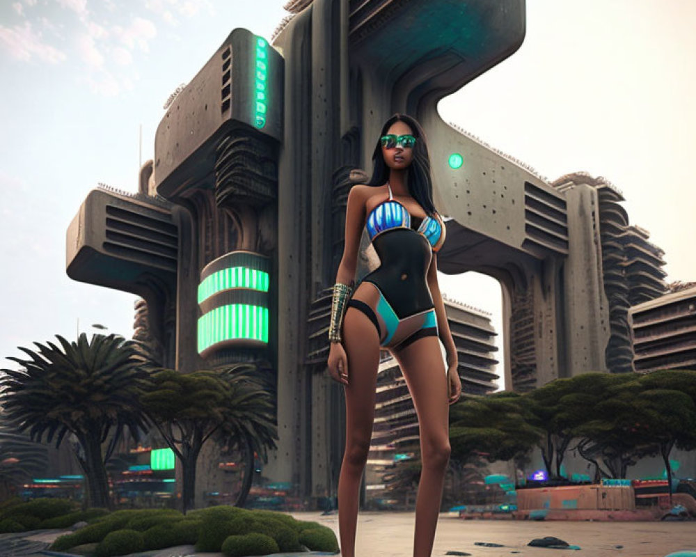 Futuristic woman in neon-lit urban setting with brutalist building