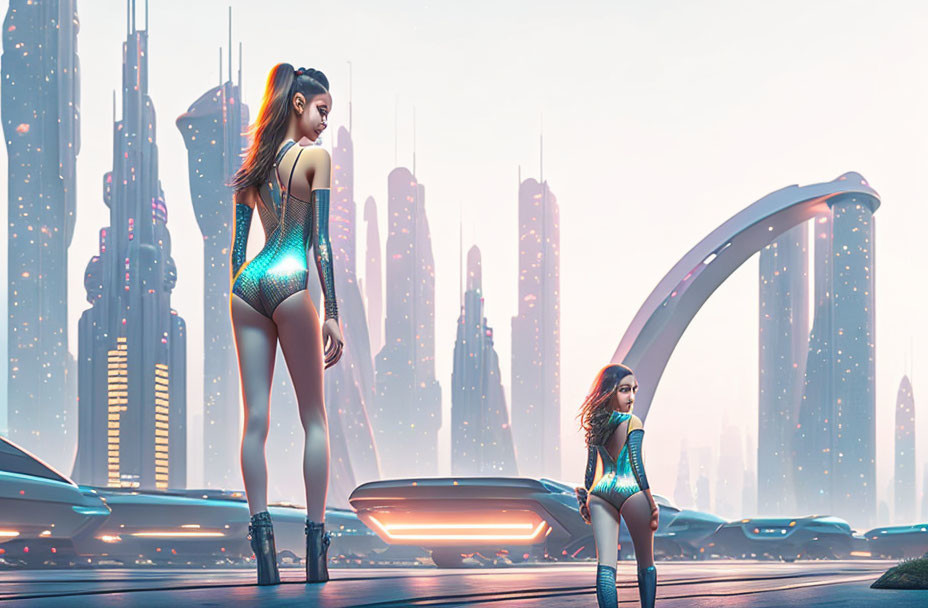 Futuristic cityscape with women in futuristic attire reflecting