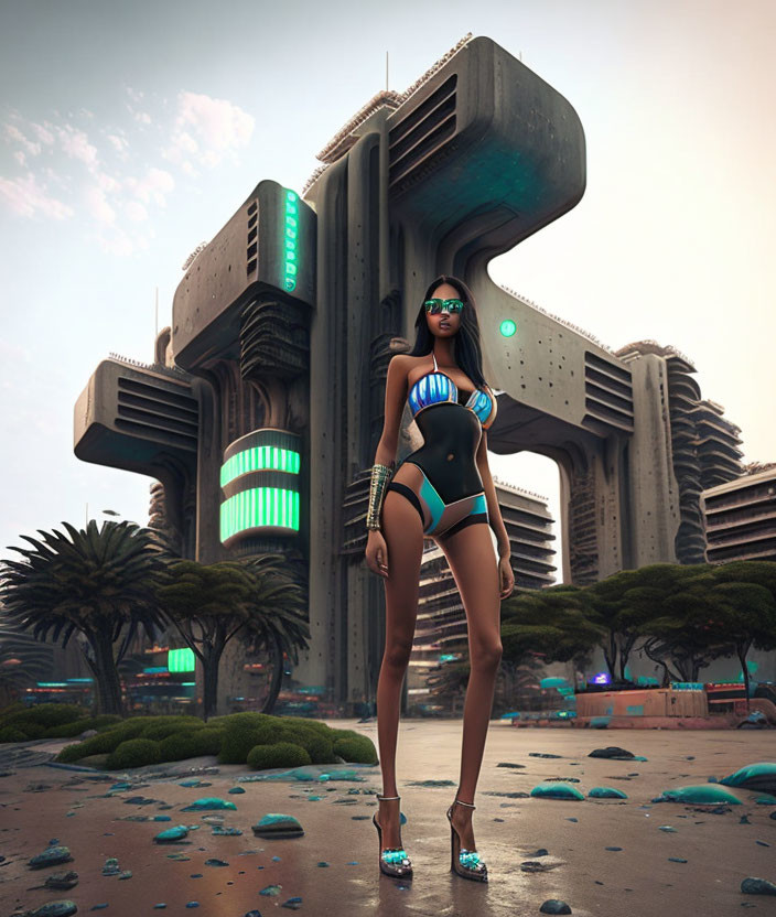 Futuristic woman in neon-lit urban setting with brutalist building