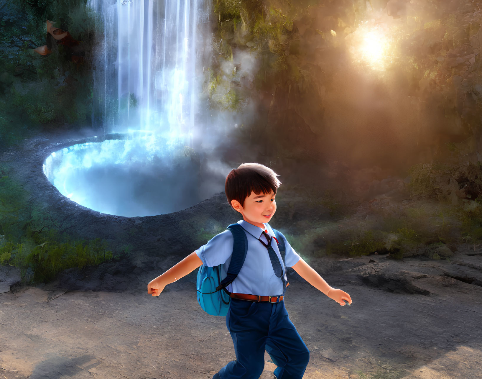 Young boy walking near scenic waterfall with sunlight filtering through mist