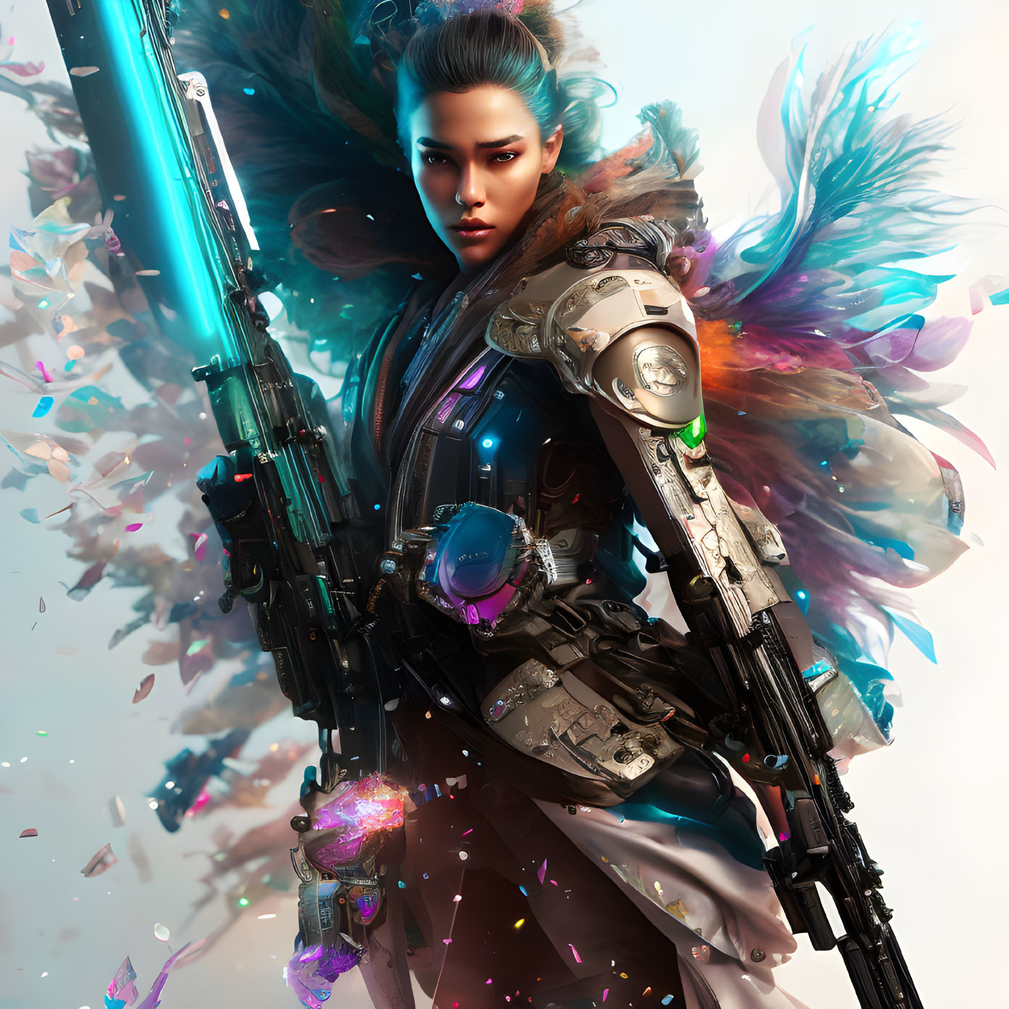 Futuristic warrior woman with glowing blue sword and high-tech armor surrounded by floating colorful shards and feathers