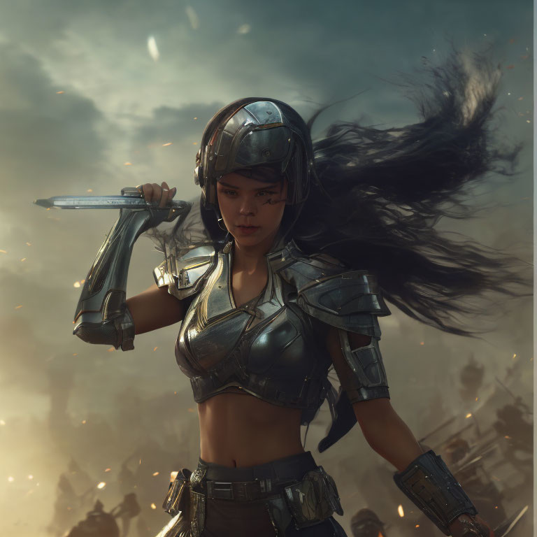 Warrior woman in armor with sword on chaotic battlefield