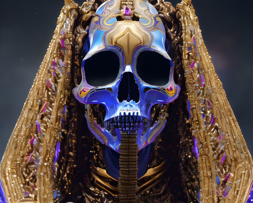 Detailed digital artwork: Decorative skull with gold and blue accents