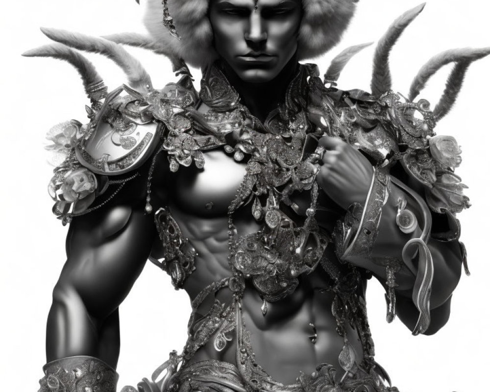 Monochromatic fantasy armor with horns and fur hat on white background