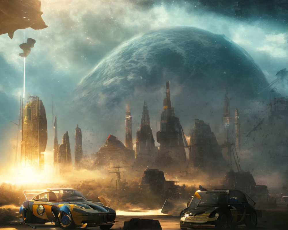 Futuristic cityscape with skyscrapers, vehicles, and massive planet in golden haze