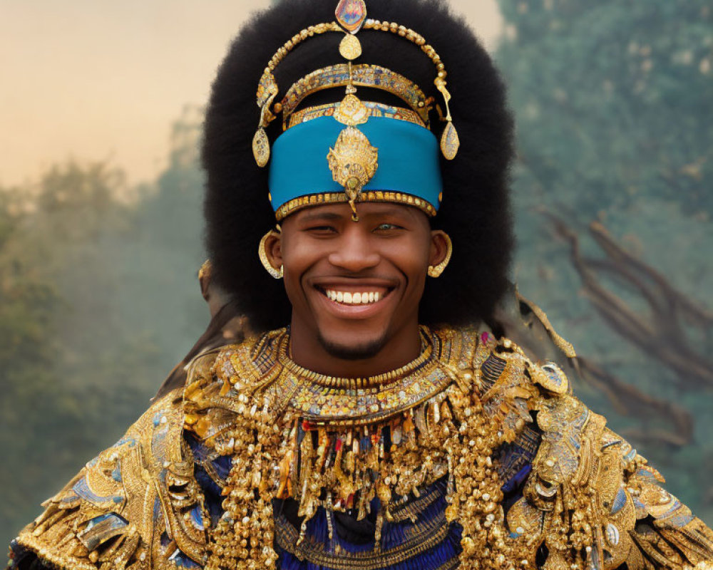 Smiling man in ornate traditional costume against misty forest.