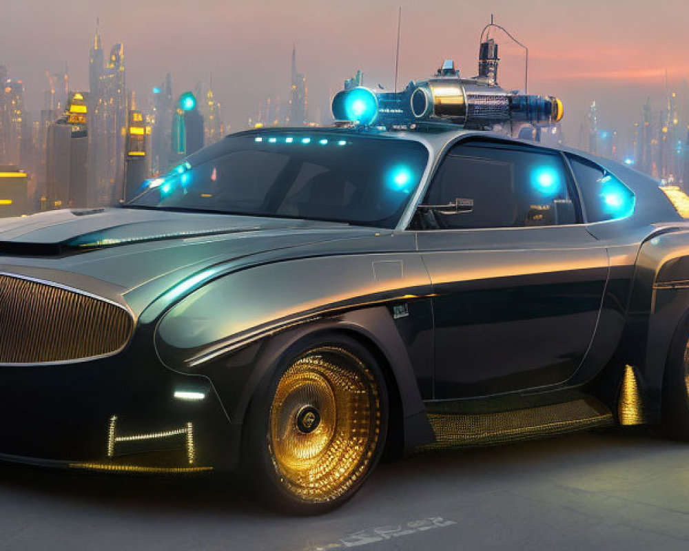 Sleek Black and Gold Futuristic Police Car in City Setting