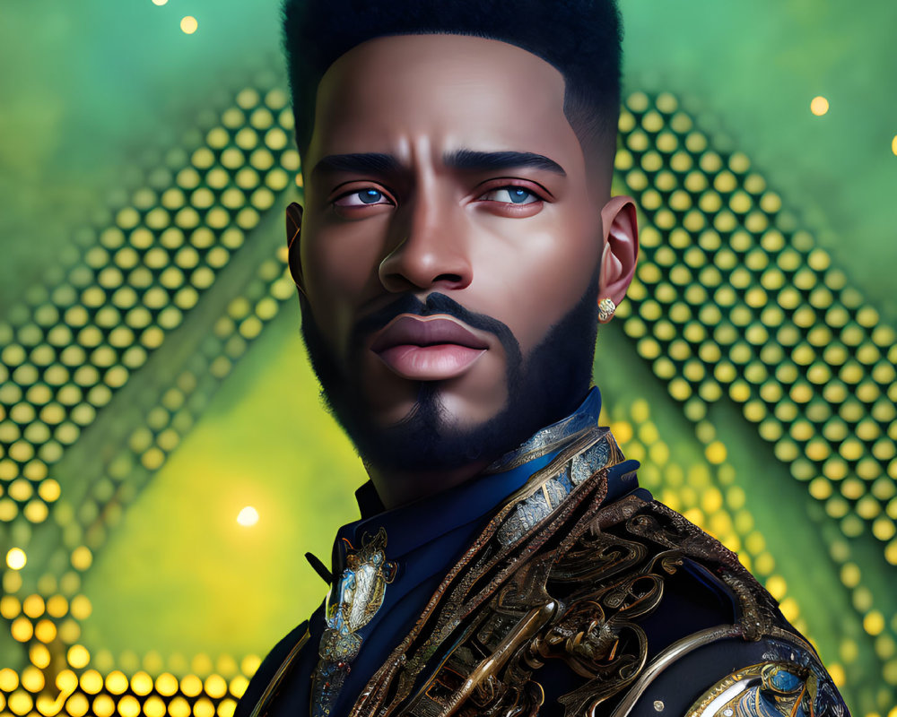Detailed digital portrait of a man in regal attire with gold accents and bokeh background
