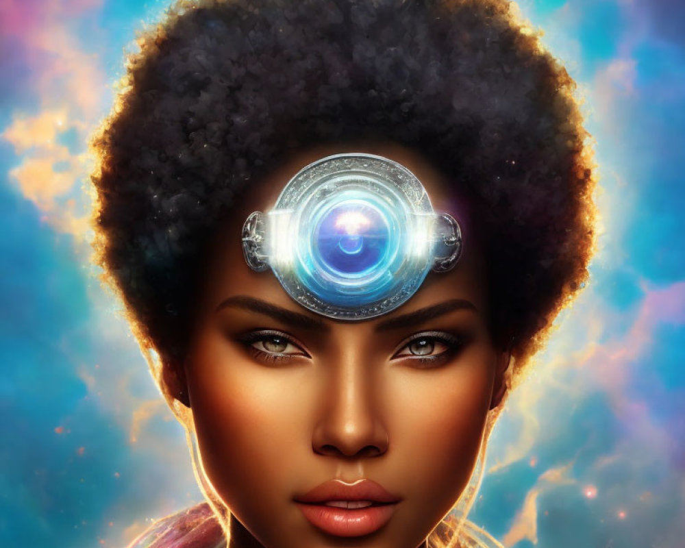 Glowing skin woman with afro hair and futuristic eyepiece art