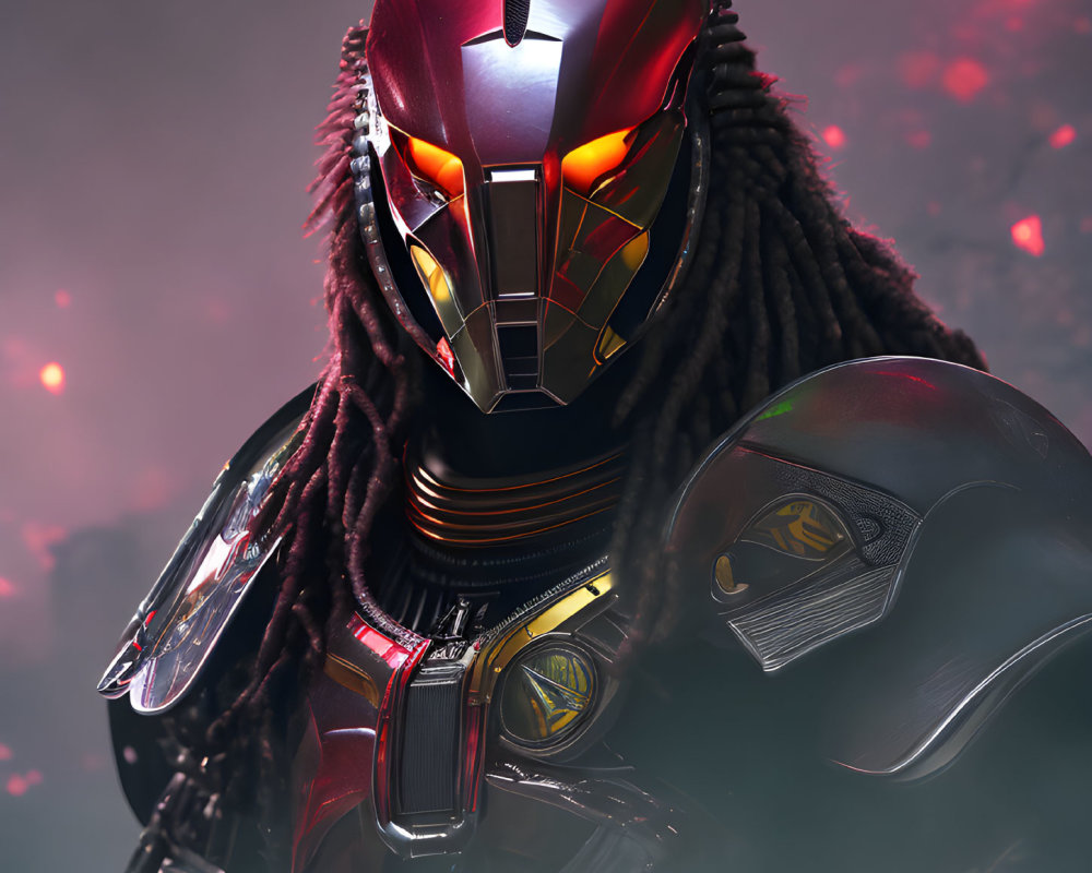 Detailed Predator Helmet with Sharp Angles and Red Visor Against Misty Backdrop