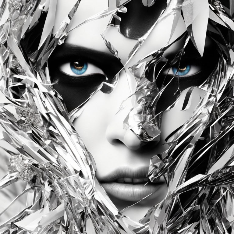 Monochromatic portrait with striking blue eyes and metallic foil shards
