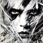 Monochromatic portrait with striking blue eyes and metallic foil shards