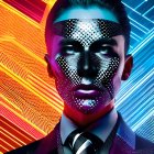 Colorful digital artwork: metallic-skinned figure with patterned face in abstract setting