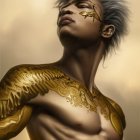 Prominent collarbones in gold feather-like armor against golden backdrop