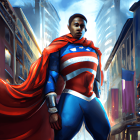 Futuristic superhero in red cape and armored suit in cityscape