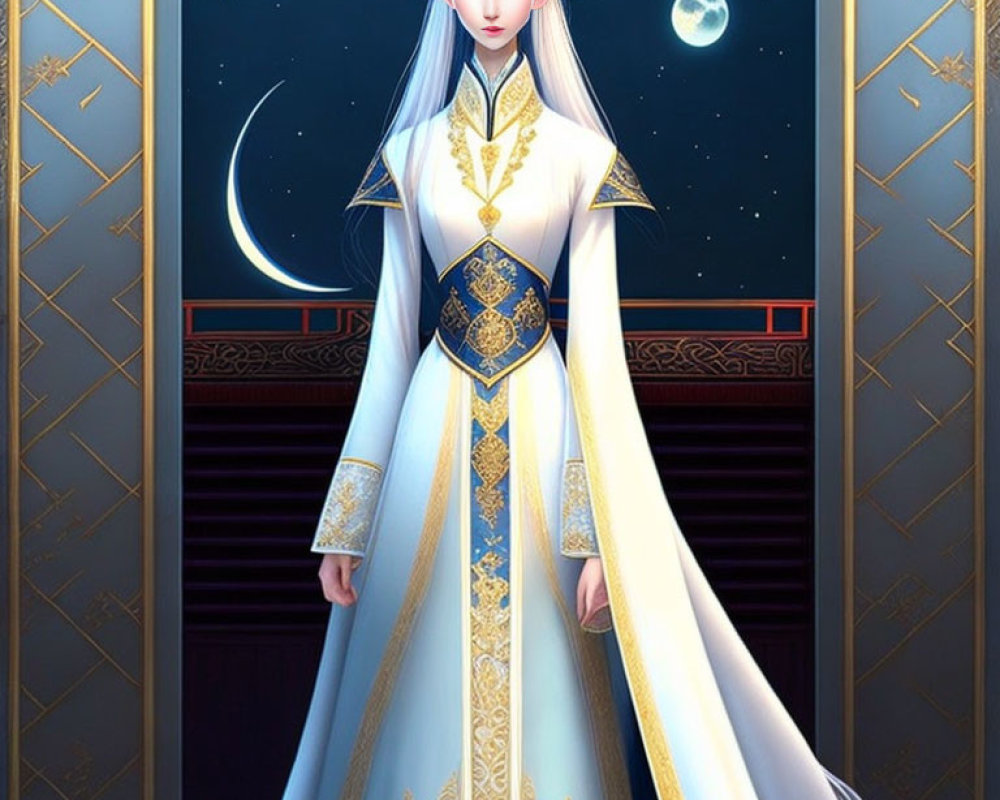 Character with pale skin and white hair in white and gold robe on night sky backdrop