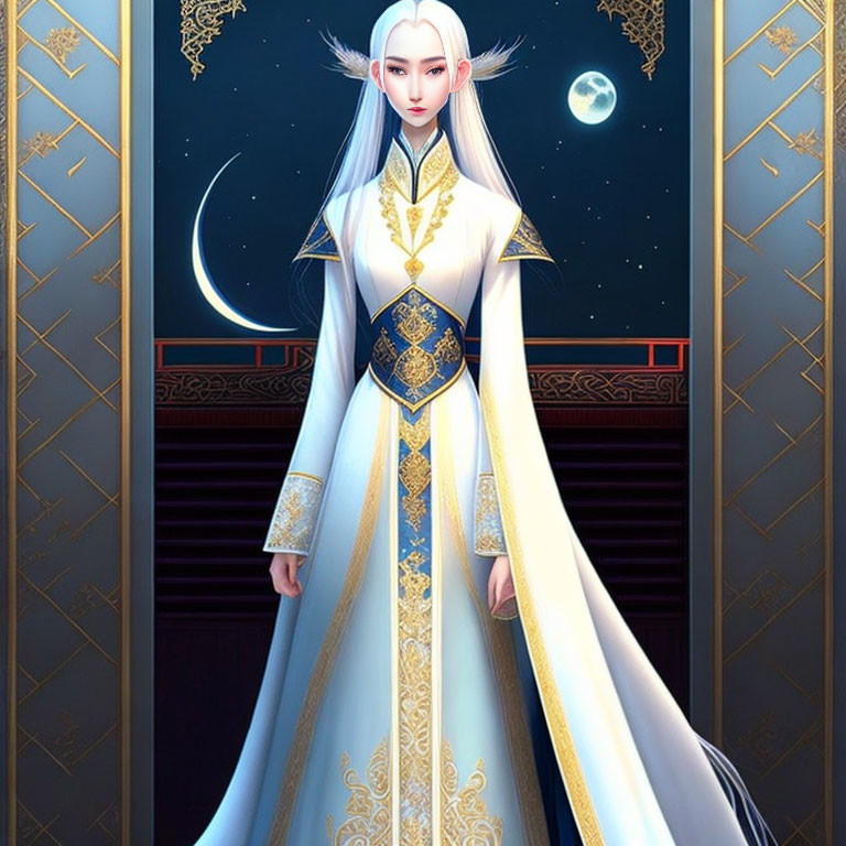 Character with pale skin and white hair in white and gold robe on night sky backdrop