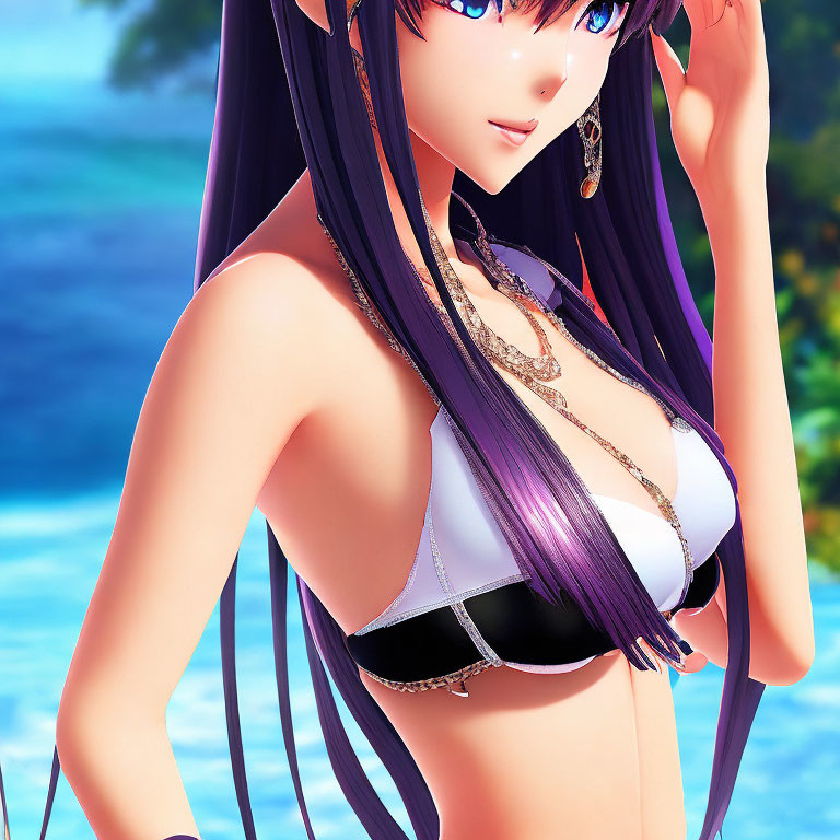 Purple-haired female character in bikini top on beach background