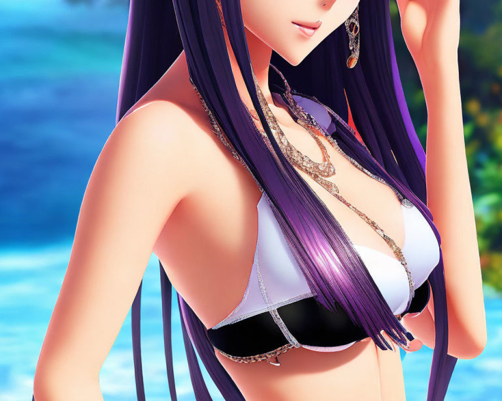 Purple-haired female character in bikini top on beach background
