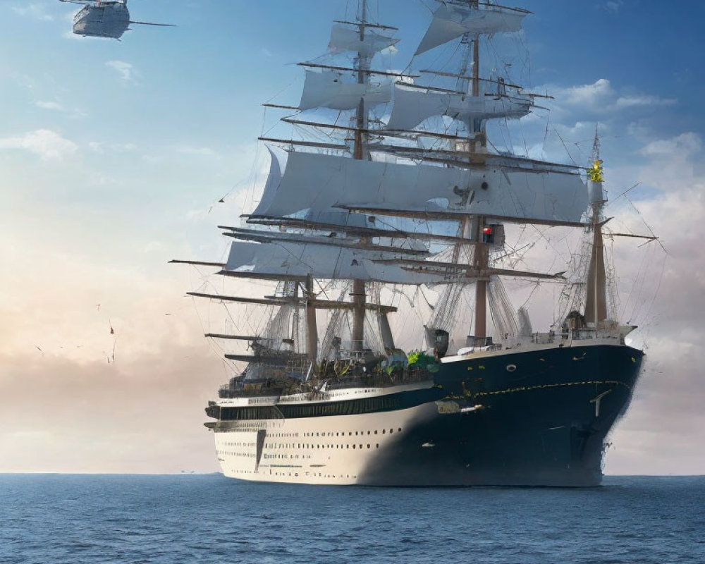 Modern tall ship sailing on ocean with birds and helicopter.