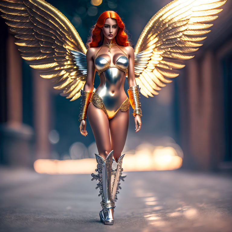 3D rendering of female figure with red hair in gold-winged armor in fantasy sci-fi alleyway