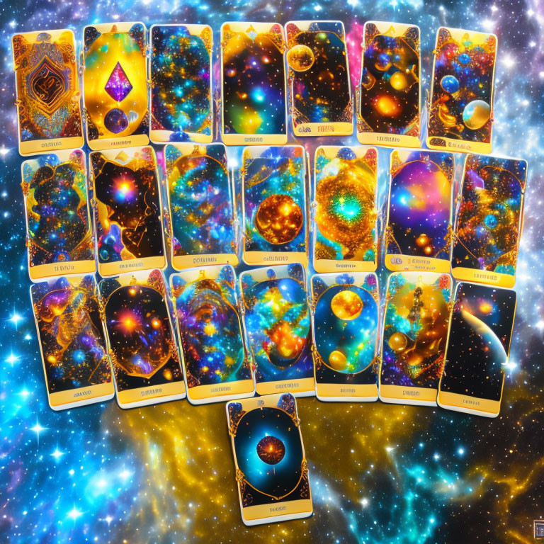 Cosmic Tarot Cards with Celestial Designs and Starry Backgrounds