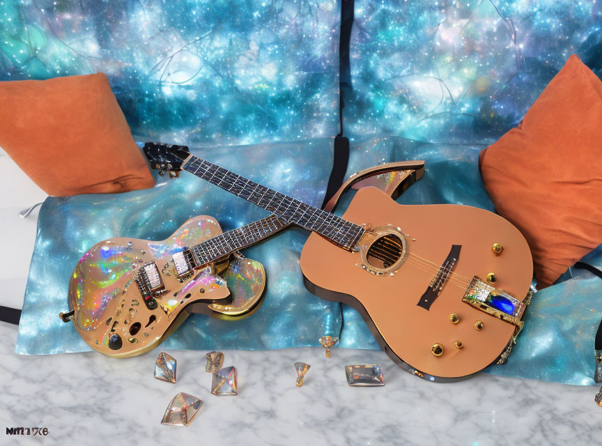 Glittery electric guitars on galaxy-themed couch with gemstones and tape cassette