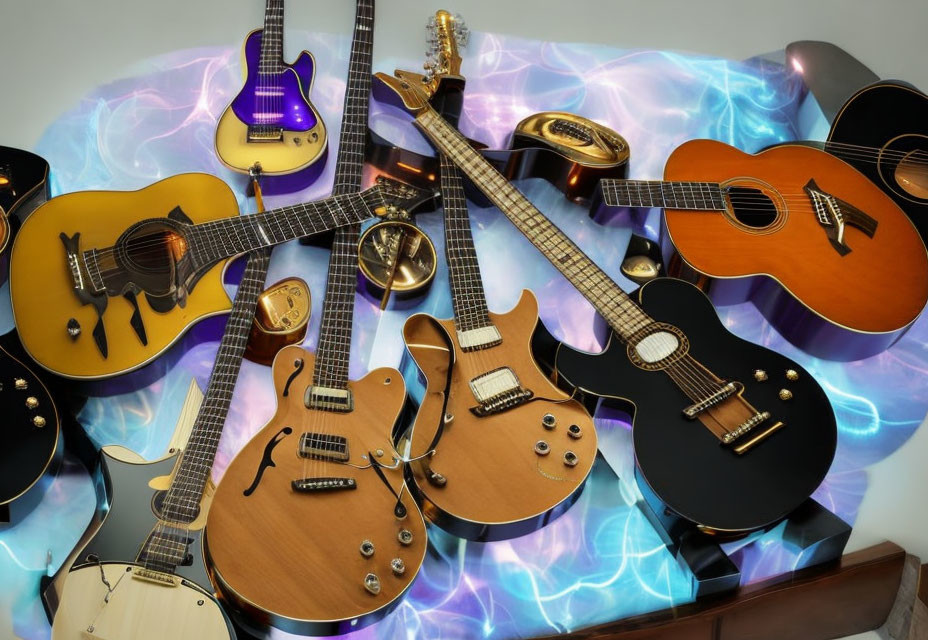 Assorted Guitars and Banjo in Different Designs on Blue Background