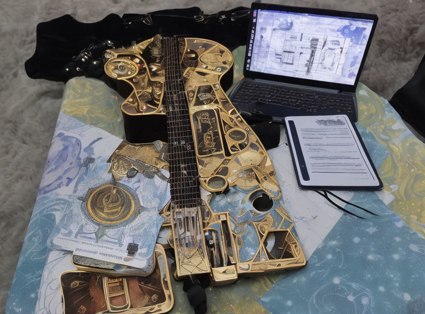 Golden Guitar and Blueprints on Laptop with Sketches and Writing Tablet on Patterned Blanket
