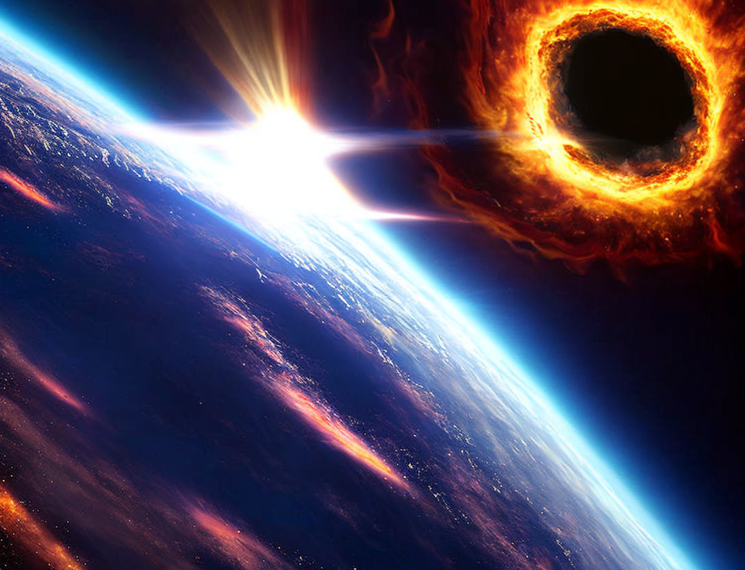 Digital artwork: Black hole absorbing light from nearby star with vivid blue planet in foreground