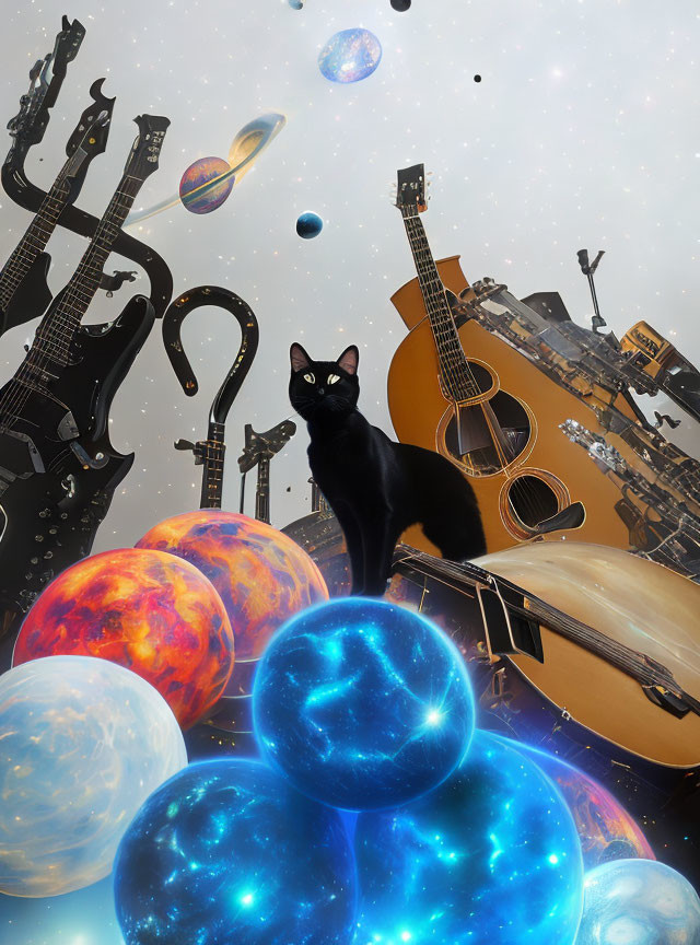 Cat Surrrounded by Guitars and Space