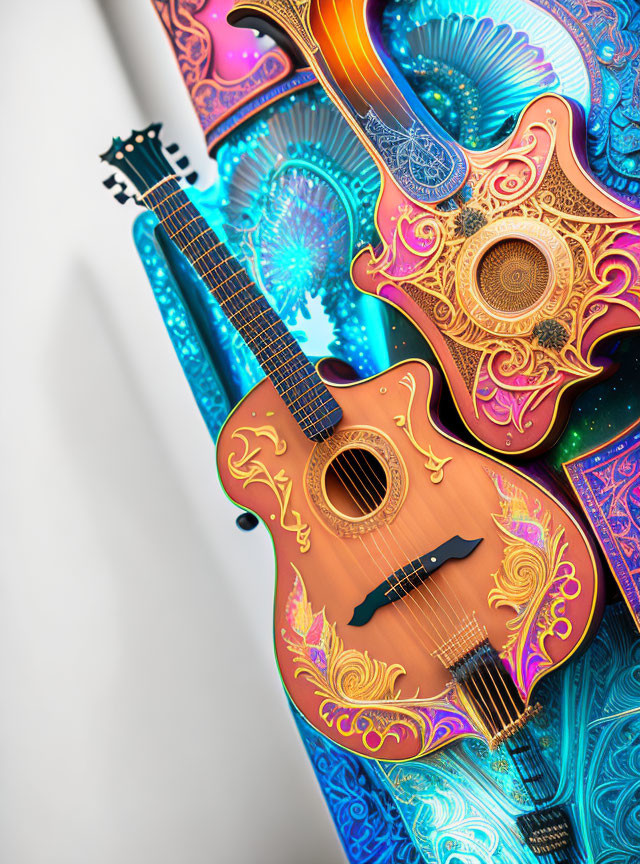 Colorful Floral Pattern Guitar in Blue and Gold
