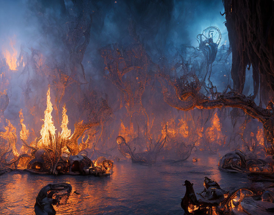 Fiery mystical landscape with blazing trees and fantastical creatures