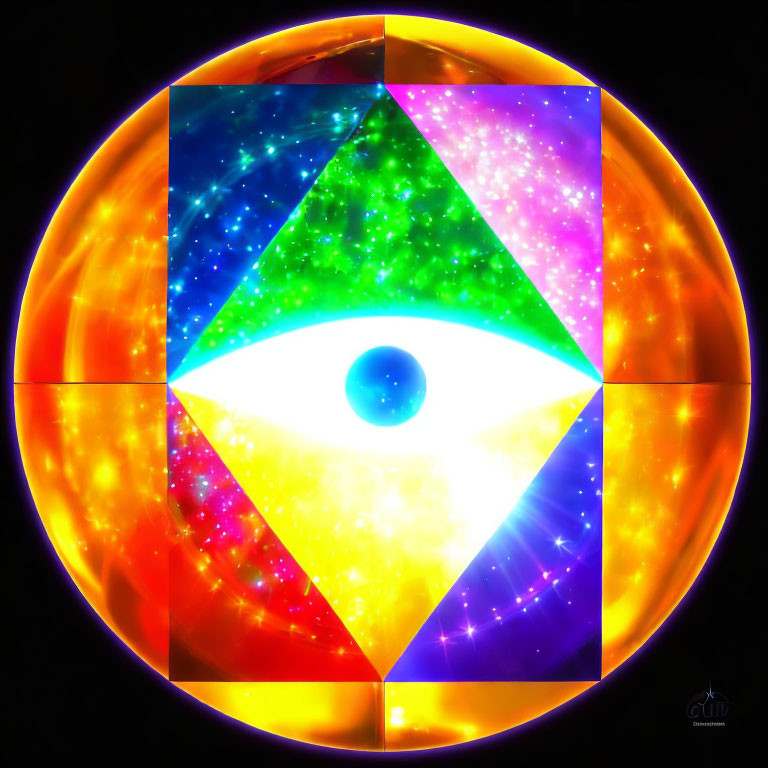 Colorful digital artwork: Eye in cosmic background with sun, stars, and geometric shapes
