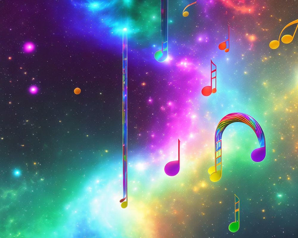 Vibrant nebulae and floating musical notes on colorful space background