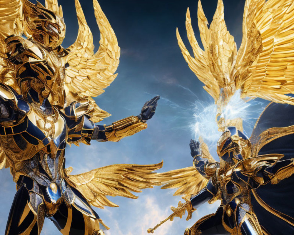 Armored figures with golden wings under a vivid blue sky in a scene of interaction.