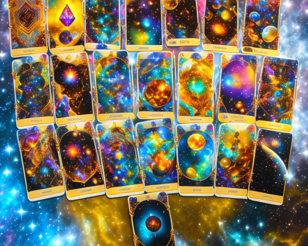 Cosmic Tarot Cards with Celestial Designs and Starry Backgrounds
