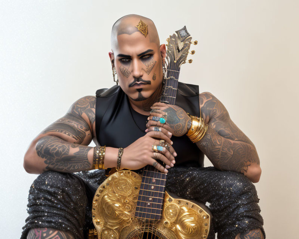 Bald, Tattooed Person with Guitar and Eye Makeup Displays Artistic Confidence