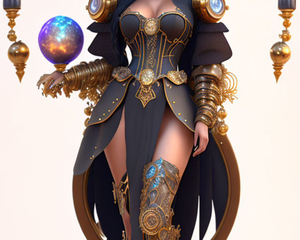 Regal fantasy character in ornate armor with glowing orb and mystical artifacts