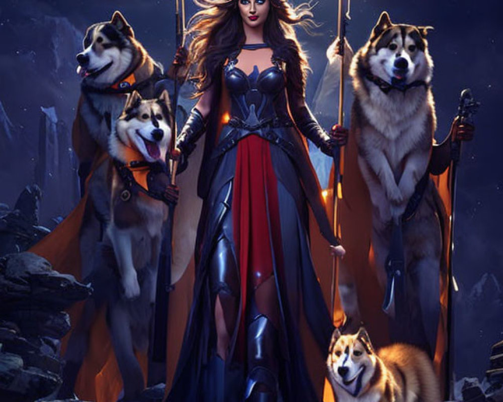 Fantasy art: Woman in armor with staff, surrounded by huskies and torches under moon