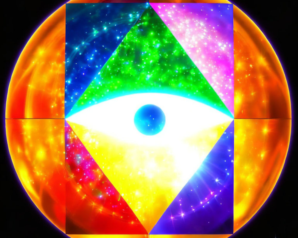 Colorful digital artwork: Eye in cosmic background with sun, stars, and geometric shapes
