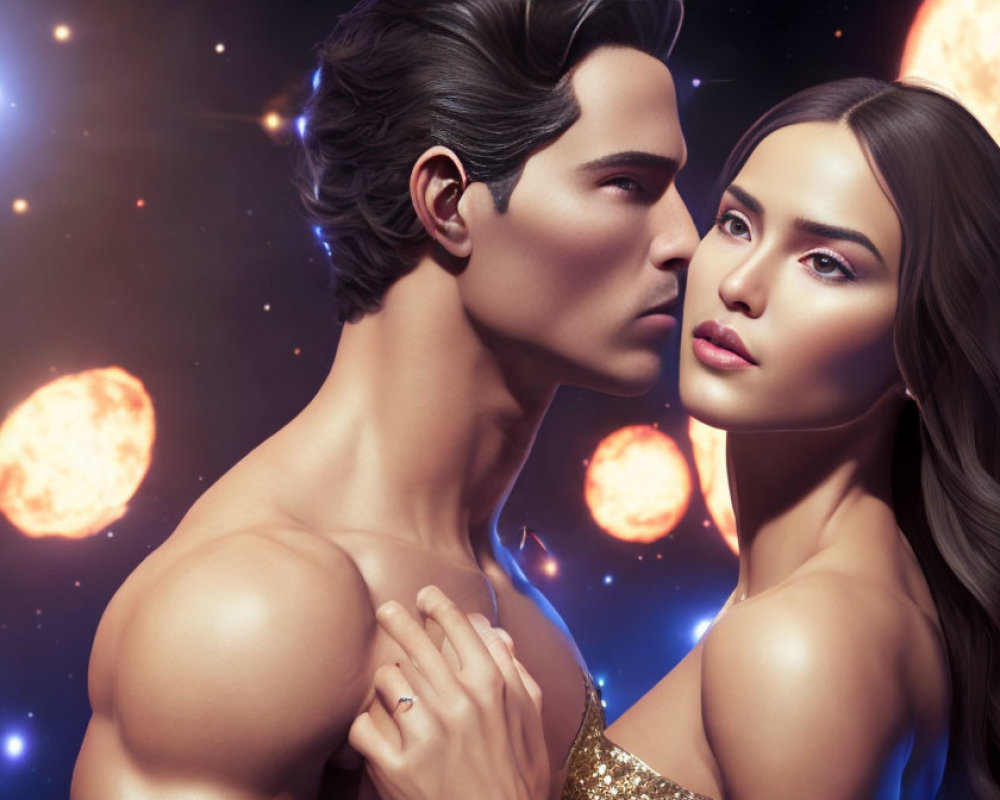 Man and woman in cosmic setting with fiery planets, intense gazes.