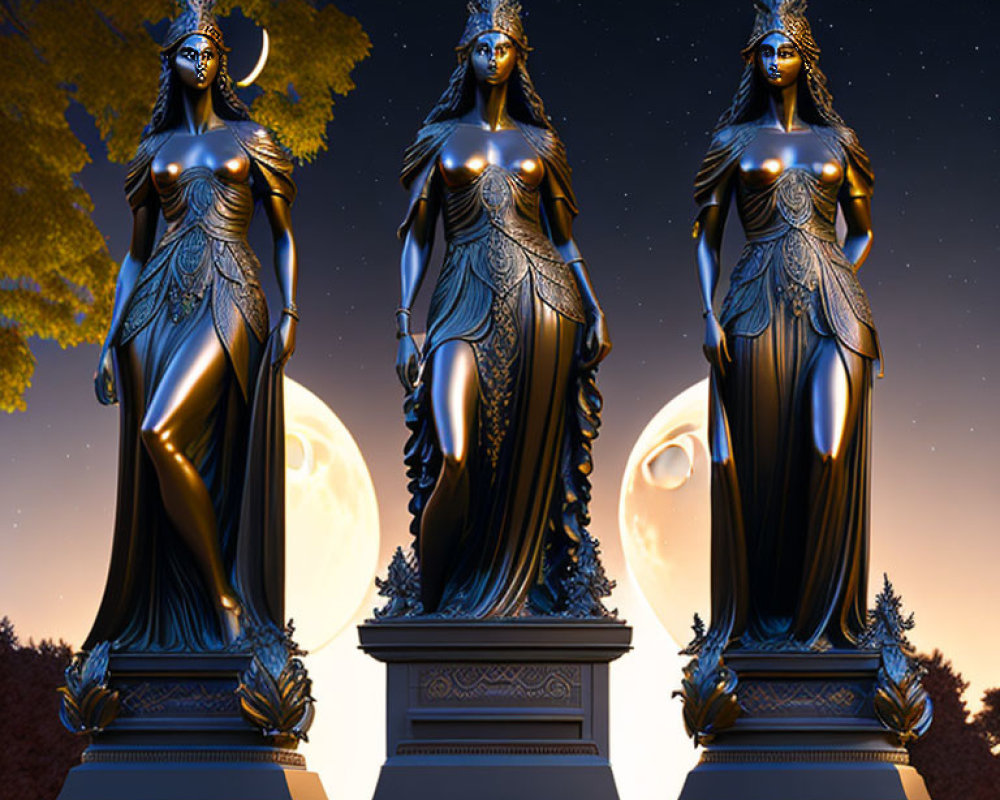 Majestic female figure statues with crescent moon crown under night sky