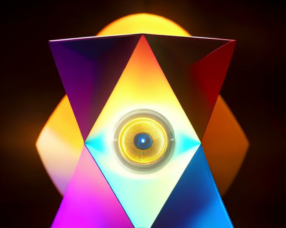 Vibrant geometric art installation with central luminous orb on dark background
