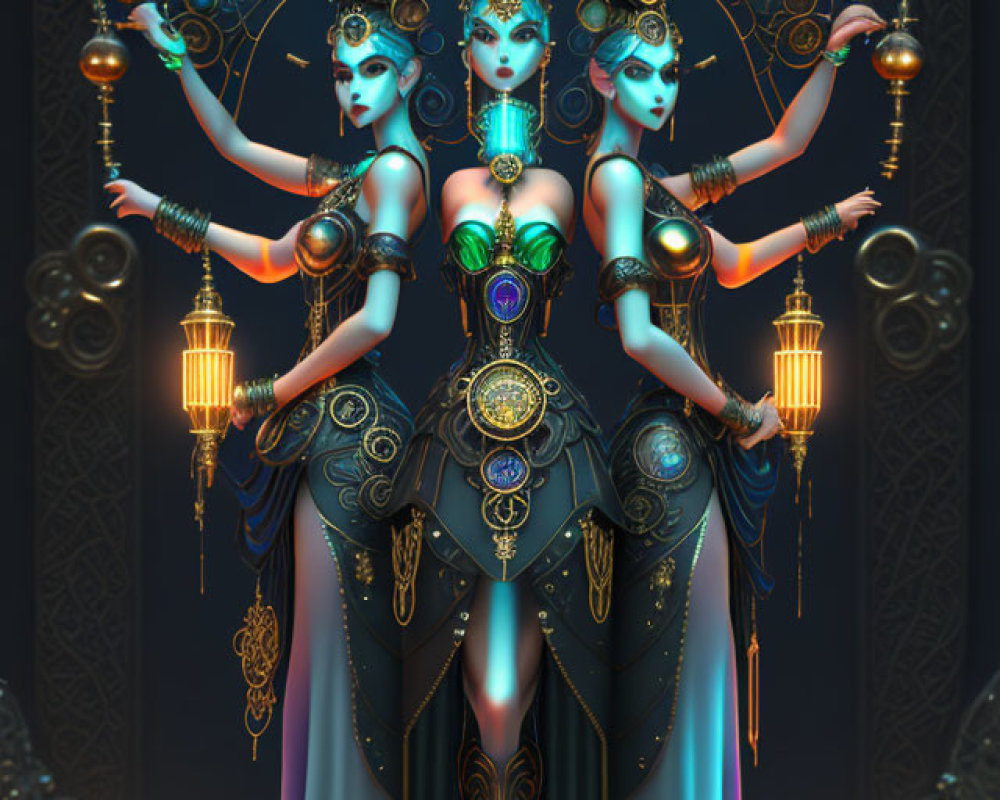 Three Blue-Skinned Mystical Beings in Opulent Attire Against Cosmic Background