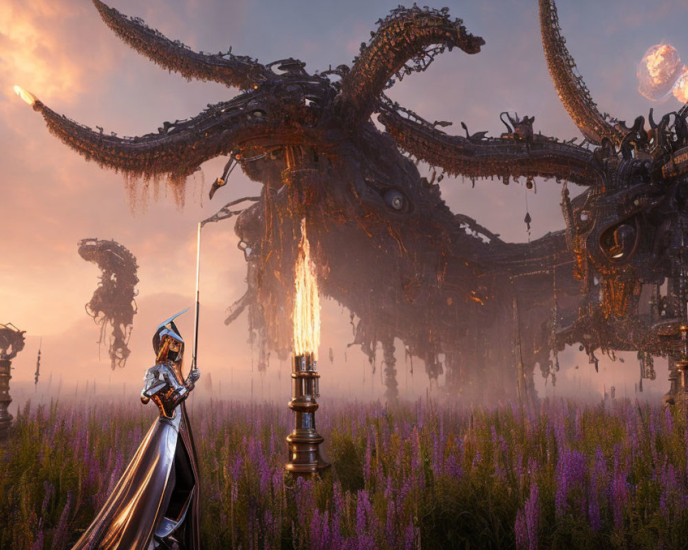 Knight with sword in front of colossal ornate structure in mystical field at sunset