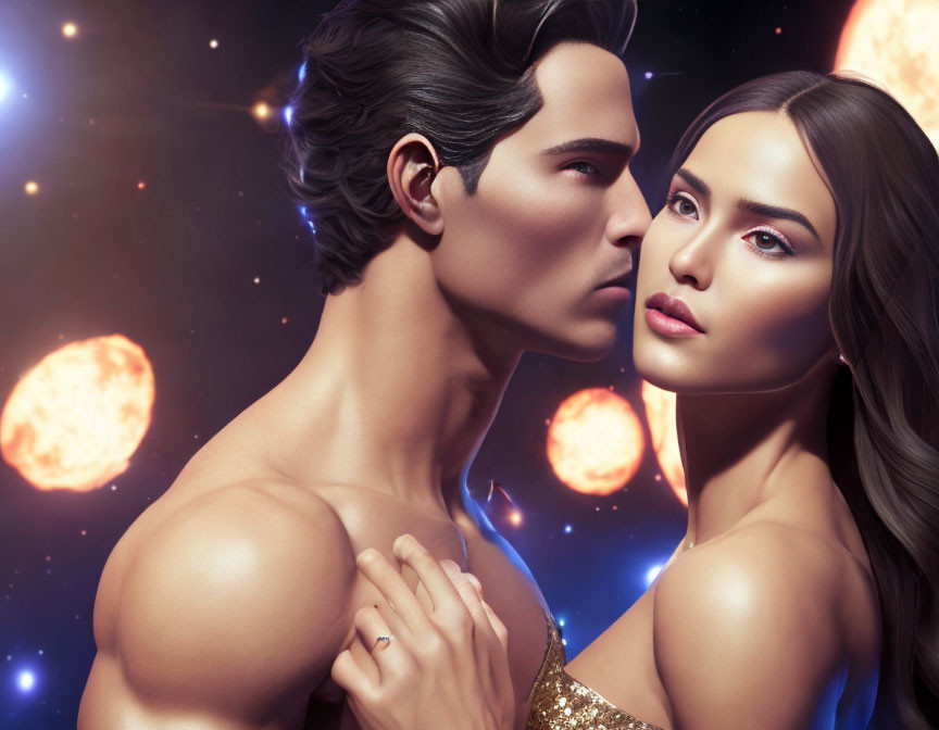 Man and woman in cosmic setting with fiery planets, intense gazes.